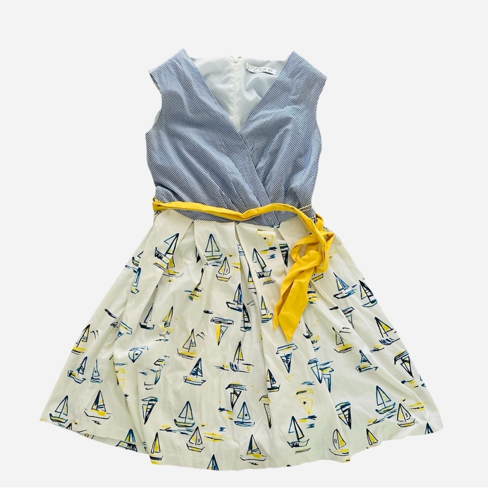 Chetta B Sleeveless Sailboat Nautical Fit & Flare Dress Women Sz 10 Blue Pleated
